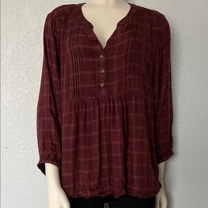 Wrangler Burgundy Babydoll Flannel Top Medium Pleated Western Cowgirl Rodeo